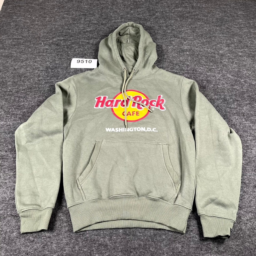 Hard Rock Hoodie Men's Small Green Graphic Print Fleece Lined Pockets Drawstring